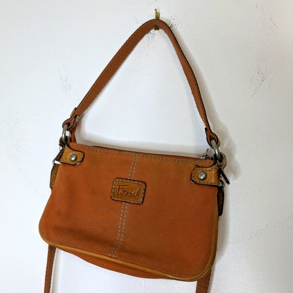 Vintage Fossil Orange Leather & Canvas Crossbody Clutch Bag w/ Shoulder Strap‎ - Picture 5 of 15